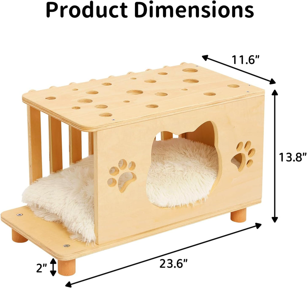 4-in-1 Wooden Cat Beds for Indoor Cats, Breathable Cat Cave with Washable Cushion Cat House
