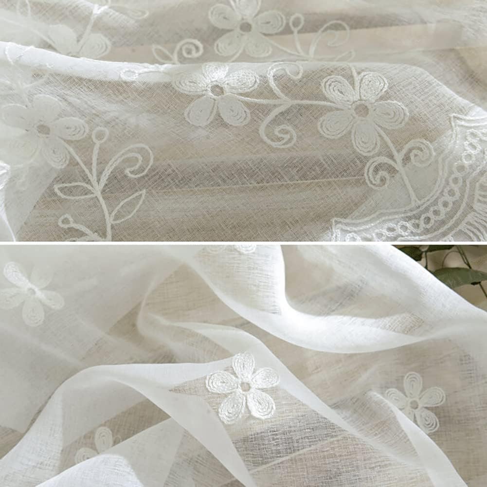 White Rod Pocket Sheer Curtains 96 inches Length, Embroidered Window Curtain Sheer Voile Panels , 60x96, Two Panels