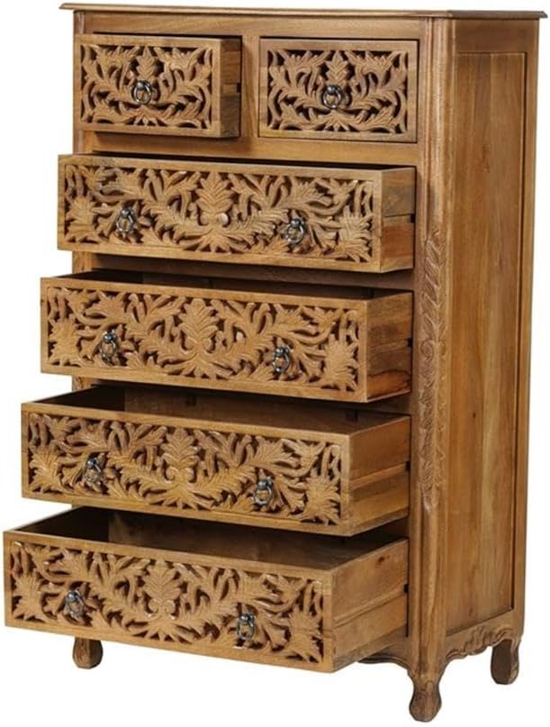 Solid Mango Wood 6-Drawer Tall Chest, 54 Inch, Brown Finish, Floral Carved Accents, Space-Saving Vertical Design