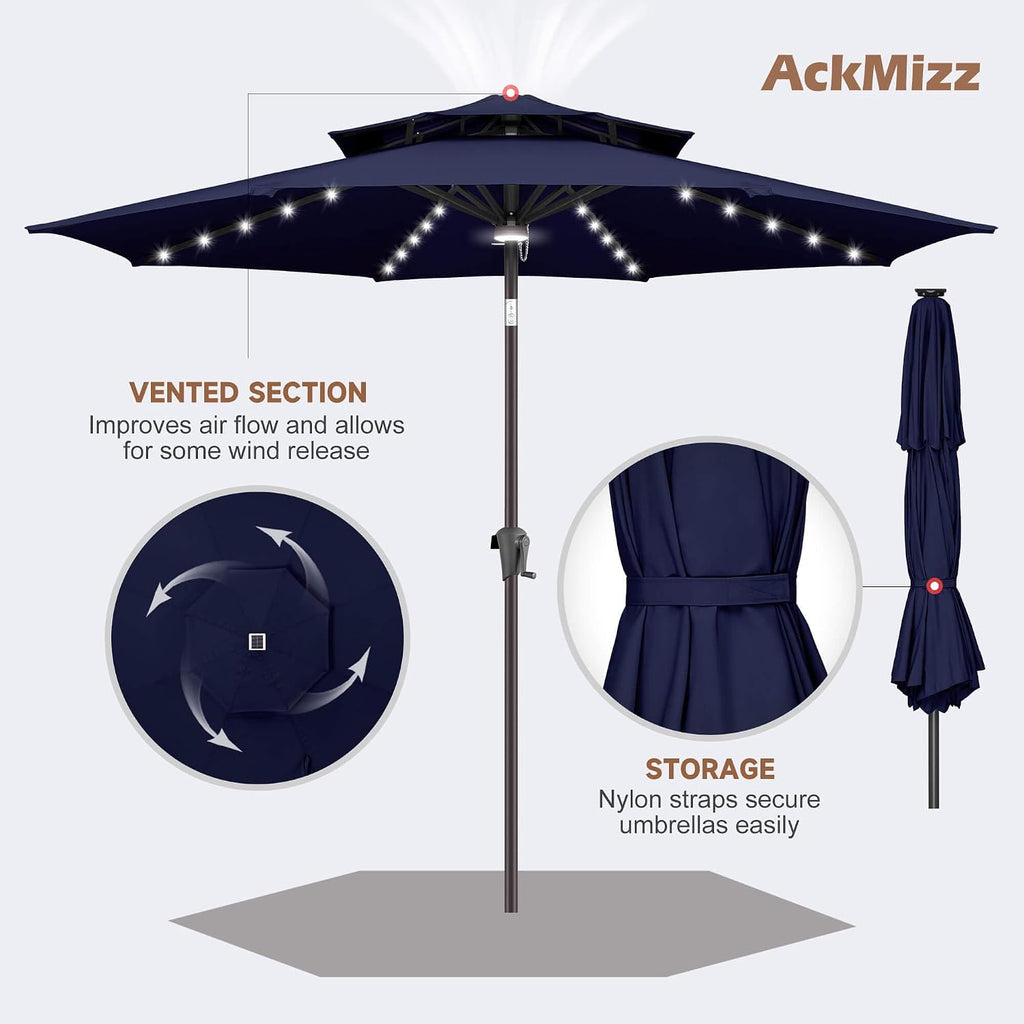 9ft Solar Umbrella Outdoor - 2 Tiers Lighted Solar Patio Umbrella with 40 LED Lights Waterproof UV Protection