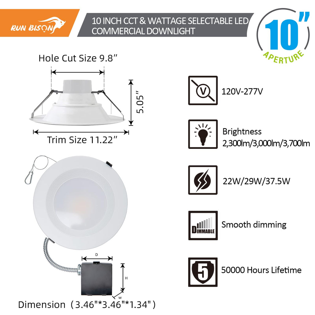 10 Inch Recessed LED Commercial Downlight with J-Box, Wattage Adjustable 22/29/37.5W,3 Color Selectable