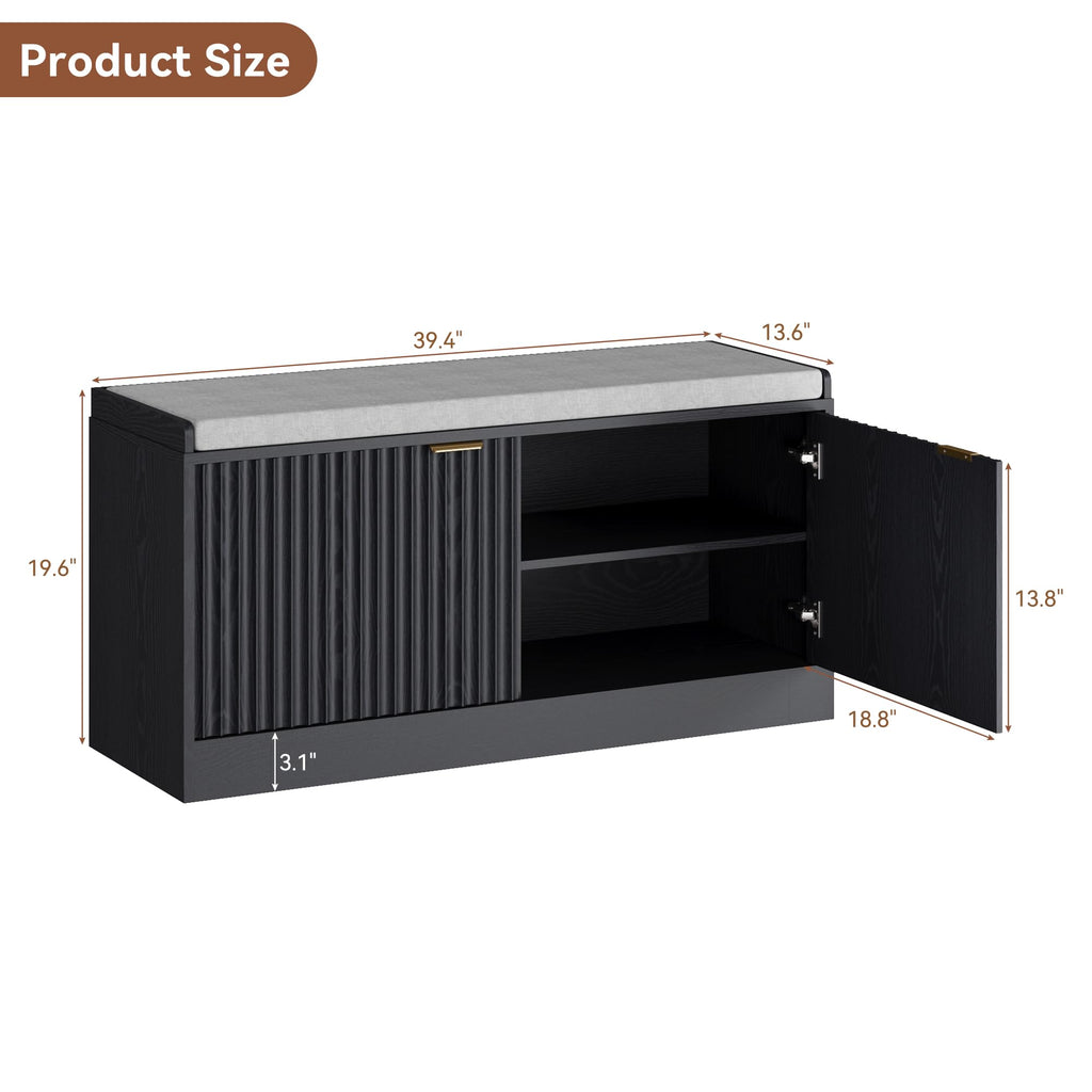 Fluted Shoe Storage Bench with Cushioned Seat and Sliding Doors, Black丨Modern Entryway Cabinet with Gold Handles