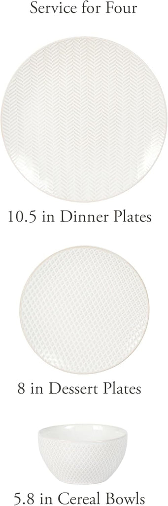 Oyster Tide Embossed 12 Piece (Service for 4) Plates and Bowls Reactive Glaze Round Dishes Stoneware Ceramic