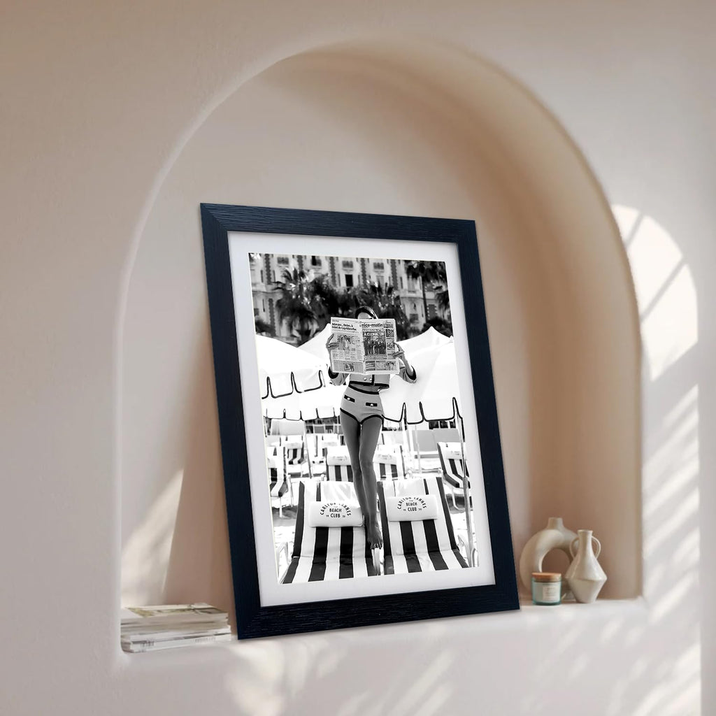 Framed Black and White Summer Wall Art Woman Reading Newspaper Beach Canvas Print Artwork Black and White Luxury