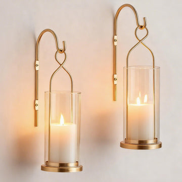 Gold Candle Sconces Set of 2, with Hurricane Glass