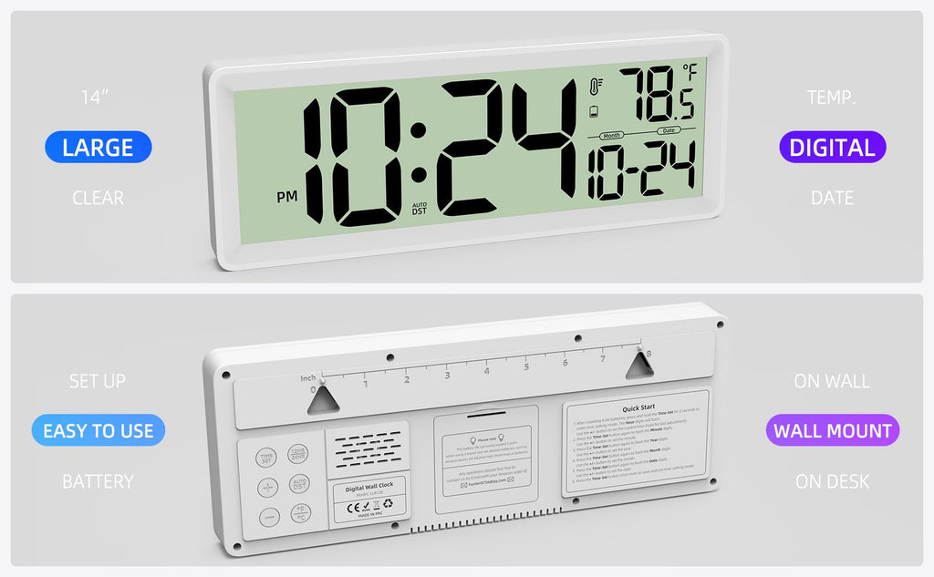 14′′ Large Digital Wall Clock Battery-Operated with Temperature, Date, DST | Big Digital Clock, farmhouse, bedroom