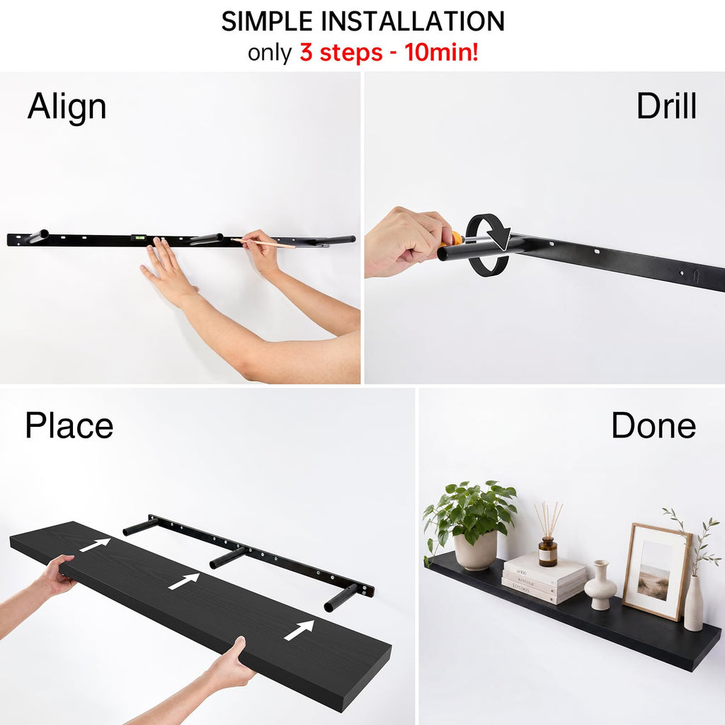 Black Floating Shelves 47.2in, Set of 2, Wall Mounted for Wall Decor
