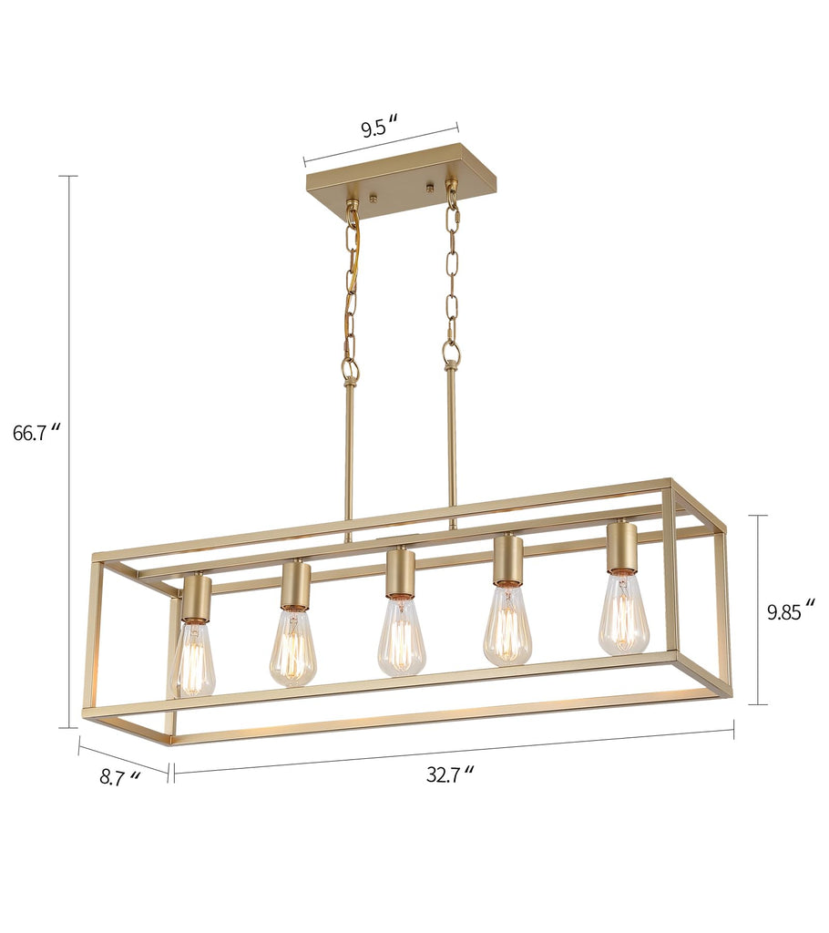 Gold Rectangle Kitchen Island Lights Rectangular Modern Industrial Chandelier 5 Lights Linear Vintage Cage Light