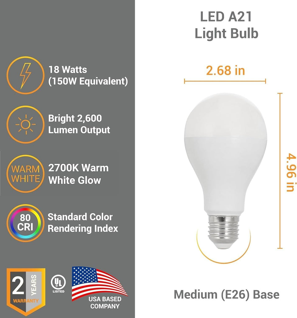 A21 LED Light Bulb 18W (150W Equivalent) Energy Efficient E26 Standard Medium Base 2600 High Lumen 11,000-Hour