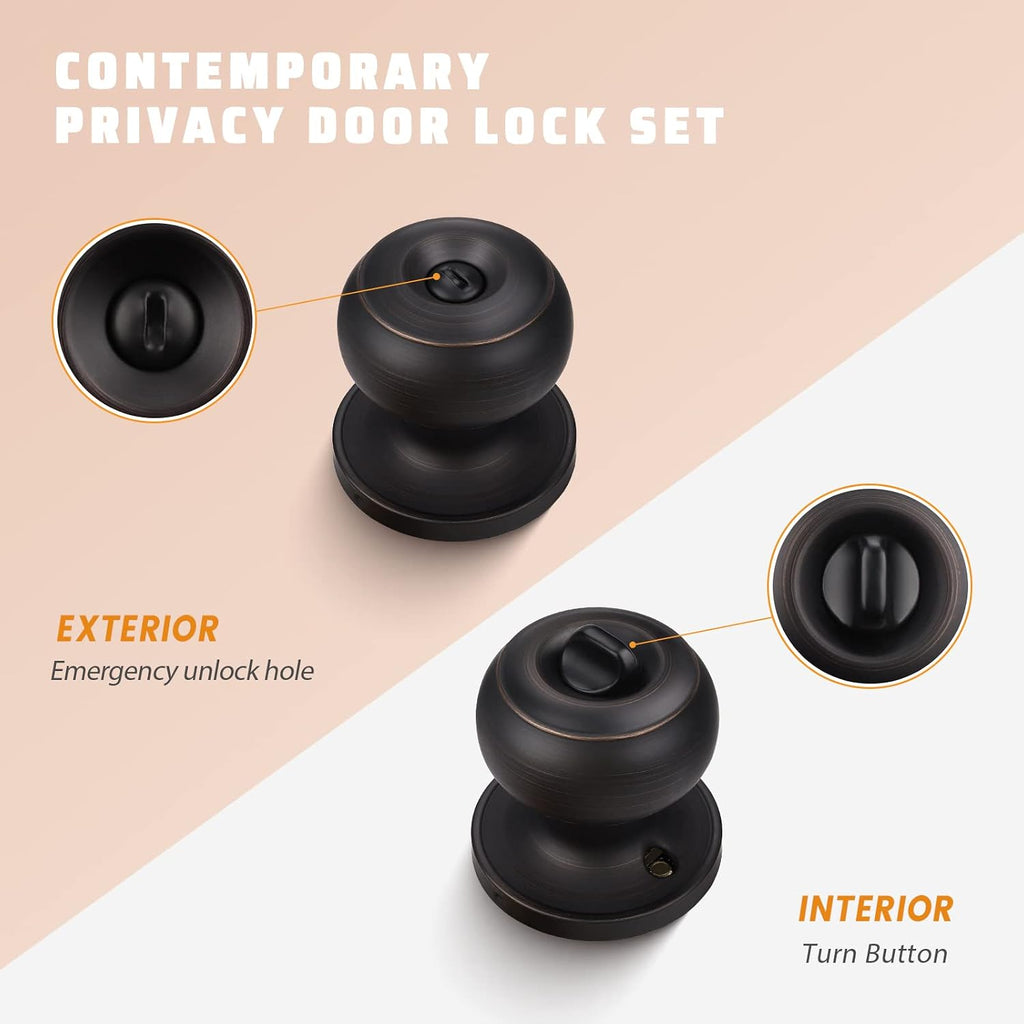 Oil Rubbed Bronze Door Knobs Interior, 2 Pack Privacy Door Knob Stainless Steel Door Knob , Inrerior Door Knob Lock