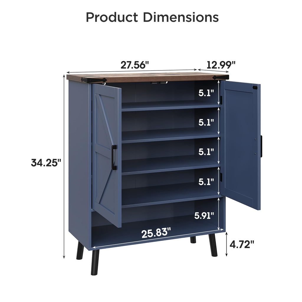 34" Tall Farmhouse Shoe Storage Cabinet with Barn Doors, Navy Blue