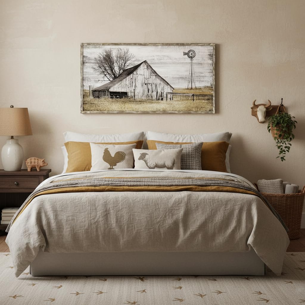 Barn Framed Wall Art Farmhouse: Rustic Farm Wood Picture Decor Large Windmill Country Scene Painting Horizontal