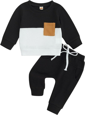 Toddler Baby Boy Fall Outfit Long Sleeve Crew Neck Contrast Color Sweatshirt Top Pant Cute Infant Waffle