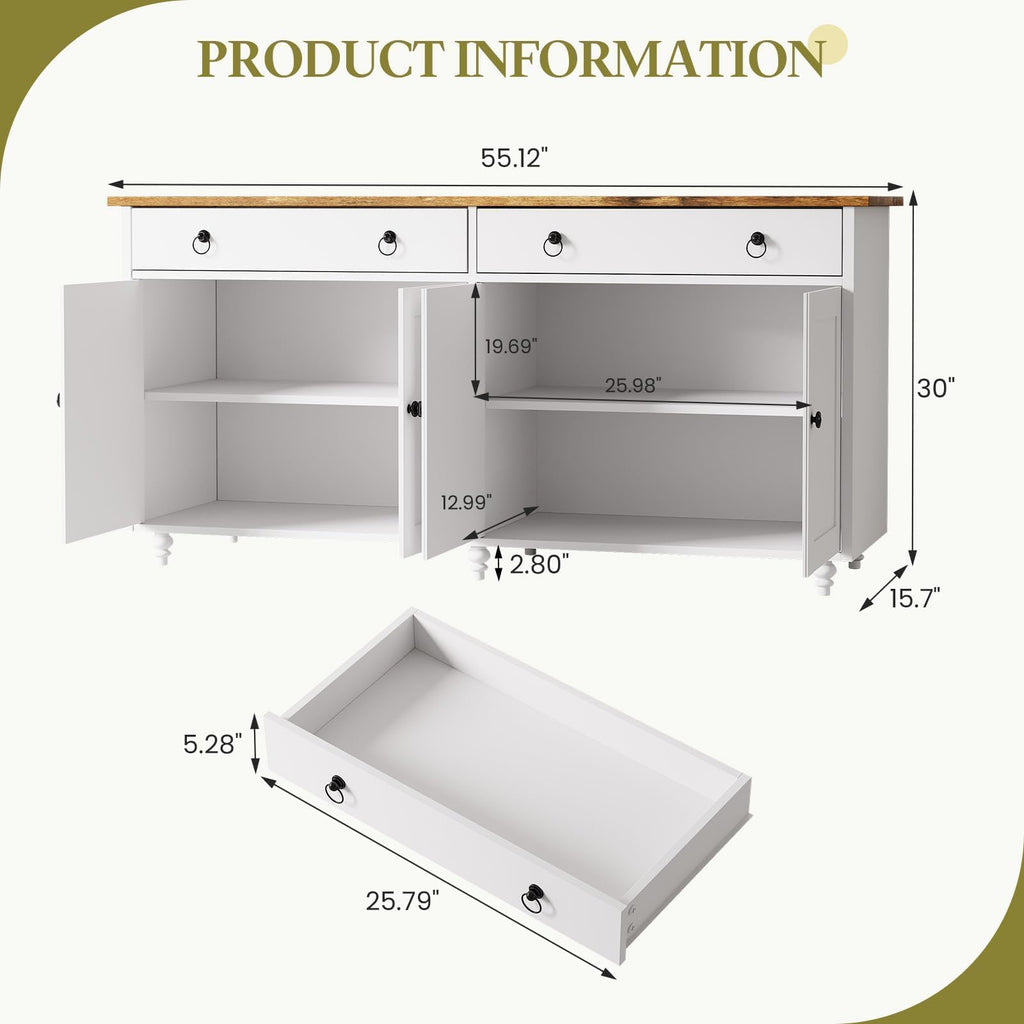 55" Buffet Cabinet with Storage and Drawers, Large Sideboard Buffet Cabinet with Adjustable Shelves and Doors, Modern