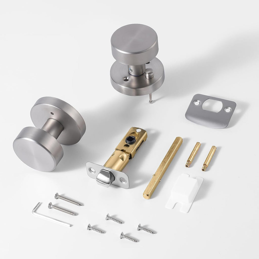 Brushed Nickel Door Knobs Interior, Satin Nickel Privacy Door Knob Interior with Lock, Round Modern Keyless Bedroom
