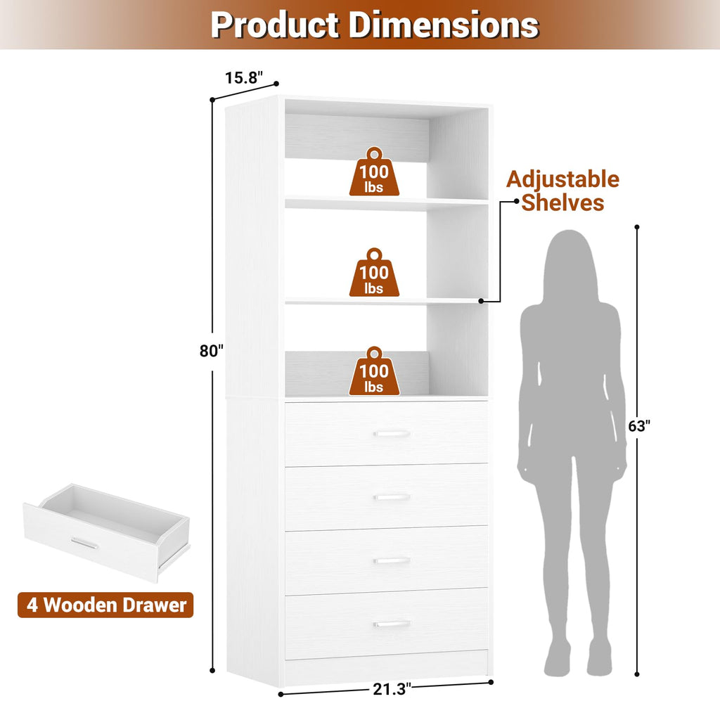 Closet Drawers System, 21.3" Wood Closet Organizer with 4 Drawers