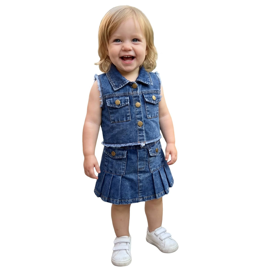 Little Girls Summer Jeans Outfits Denim Sleeveless Button Down Vest Tops Pleated Skirt Kid Toddler Waistcoat Clothes