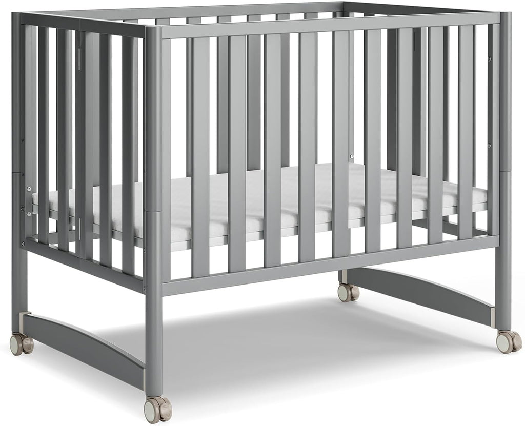 7-in-1 Convertible Baby Mini Crib with Wheels | GREENGUARD Gold Certified, New Zealand Pine Wood, 4