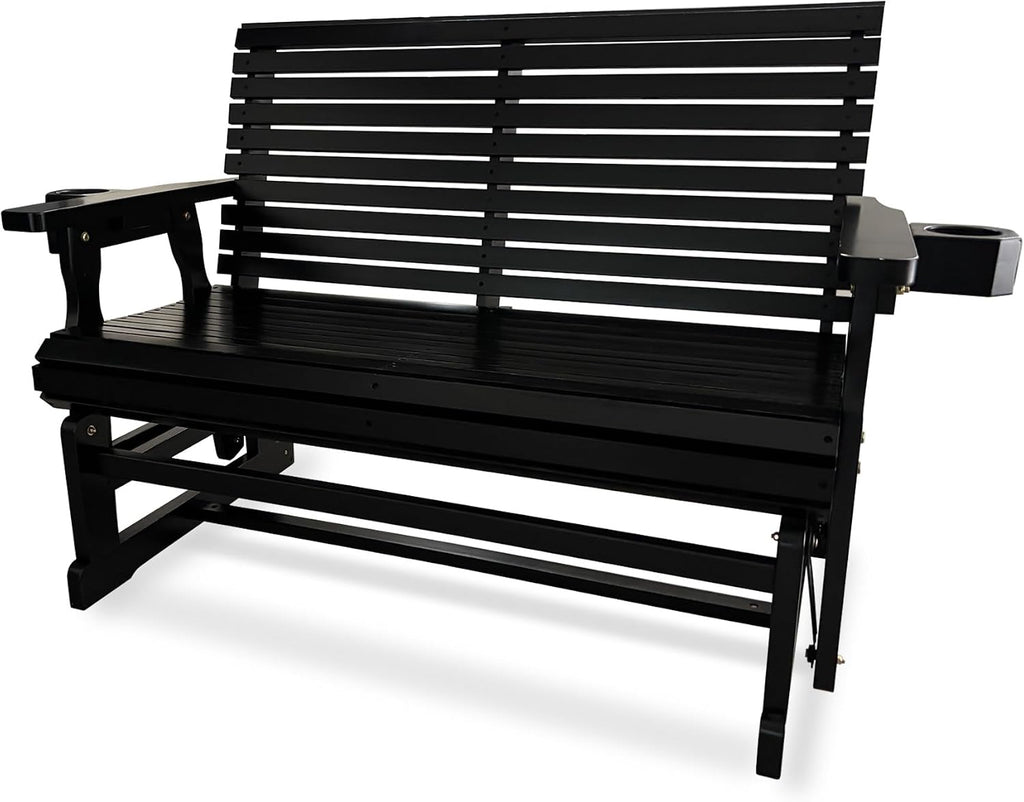Patio Glider with Cup Holders, High Roll Back and Deep Contoured Seat, Heavy Duty 800 Lb (Matte Black, 2-Seater)