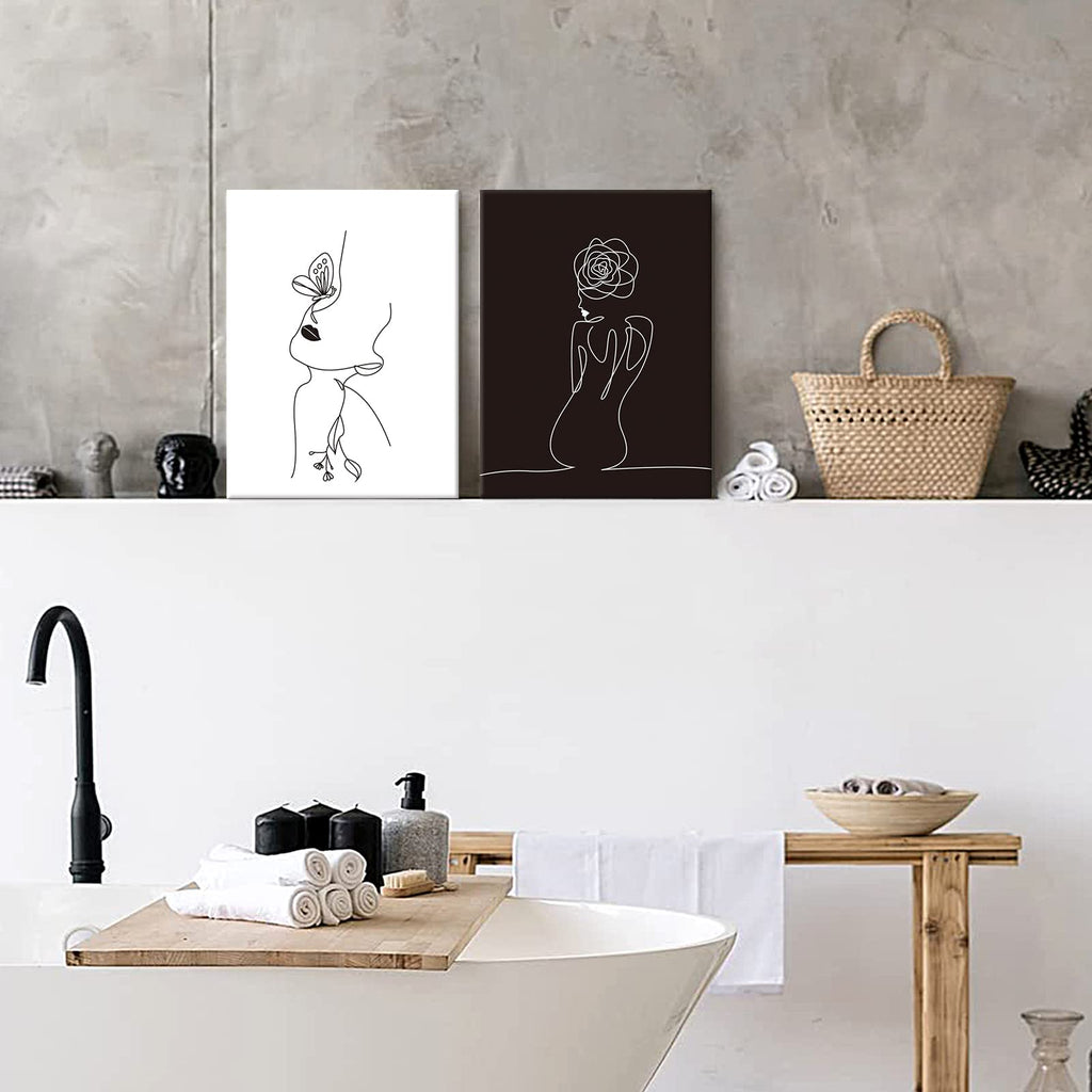 Minimalist Line Art Prints Set of 3 Abstract Women Faces Flower Wall Art Black and White Line Drawing Painting Modern