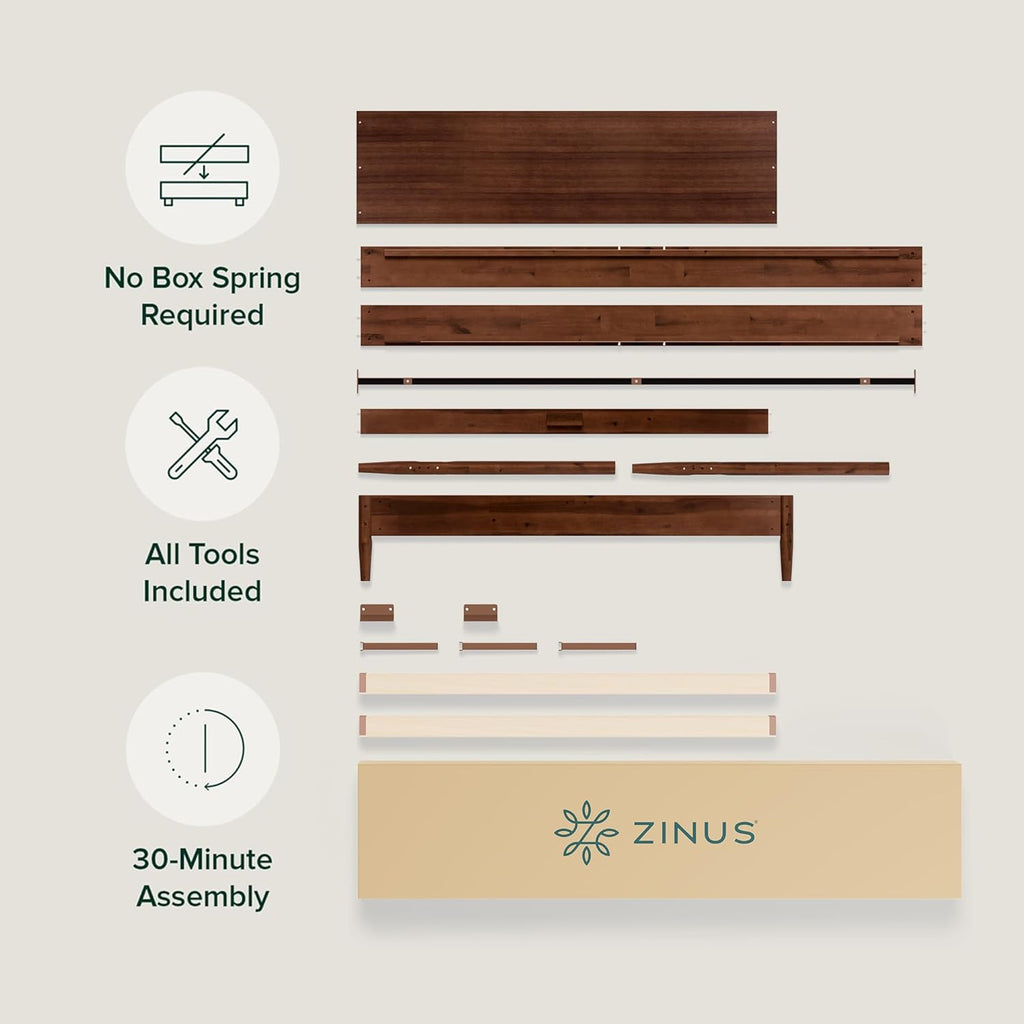 Mid-Century Modern Wood Platform Bed Frame with Headboard, Queen, Espresso
