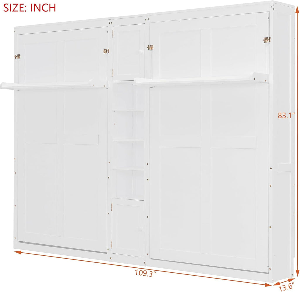 Dual Twin Murphy Bed, Wooden Wall Bed with Cabinets and Shelves, White