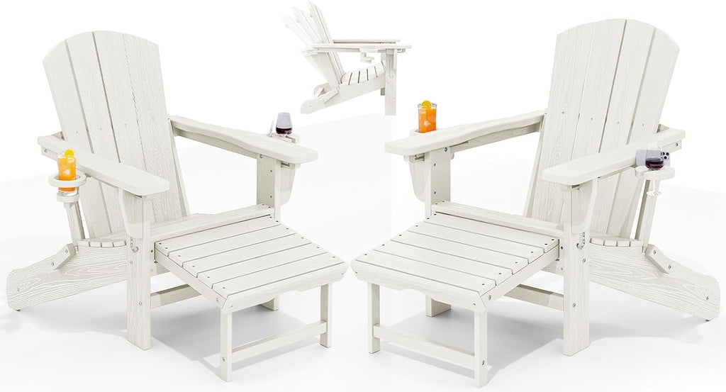 Folding Adjustable Adirondack Chair with Ottoman & 2 Cup Holders Set of 2, HDPE Adirondack Recliner Chair with