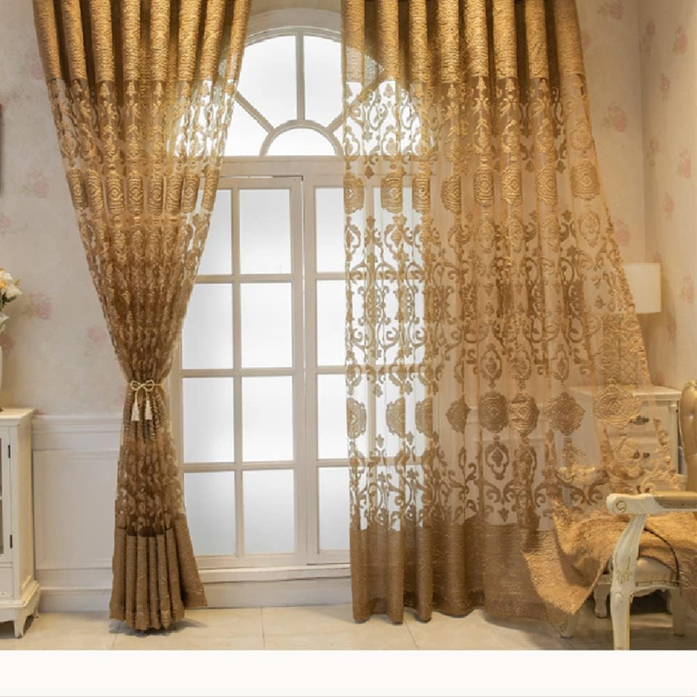 1 Pair Luxury European Sheer Curtains Hollow Embroidered Tulle Curtains for Bedroom Living Room (Gold,54x96 Inch)