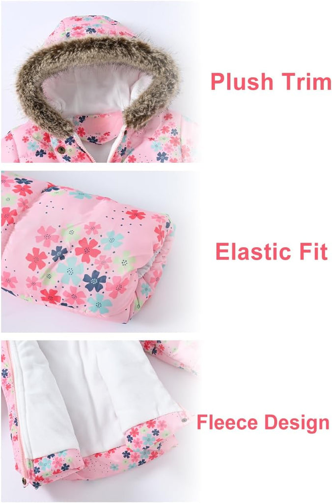 Girls Winter Coat Jacket Fur Hooded Long Puffer Jacket Flower Print Warm Outdoor Coats for Kids