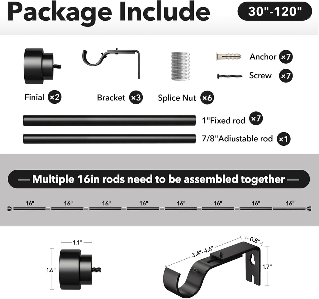 Heavy Duty Curtain Rods for Windows,1 Inch Adjustable Black Curtain Rod with Easy Installation and