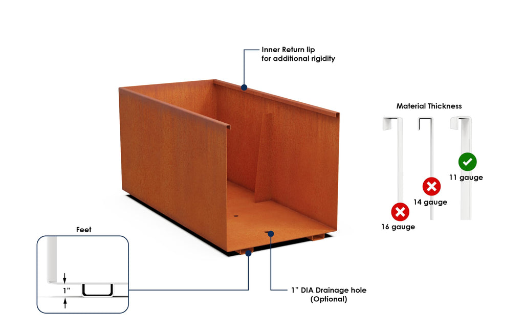 Large Rectangular Planters for Outdoor Plants - 48x18x24 Inch Corten Steel Planter | Extra Large Outdoor Planter Box