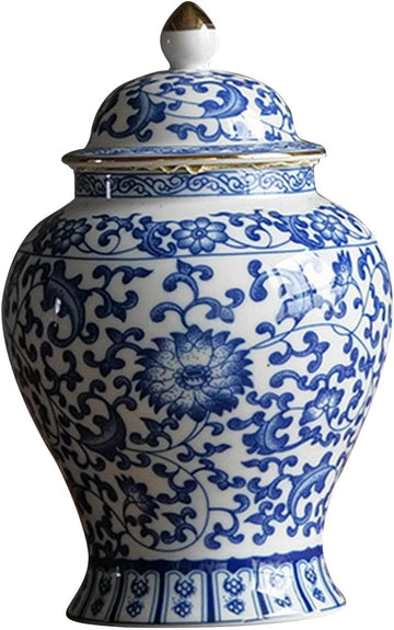 Blue and White Ceramic Ginger Jar with Lid, Chinoiserie Decorative Vase Decor, Table Centerpiece, Style