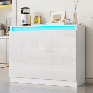 High Gloss Buffet Cabinet with LED Lights & Charging Station, White