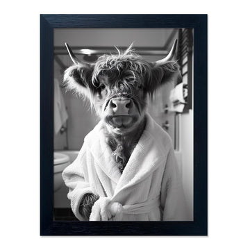 Highland Cow Brushing Teeth Bathroom Wall Decor, Black and White Bathroom Wall Art, Framed Funny Cow Pictures Guest