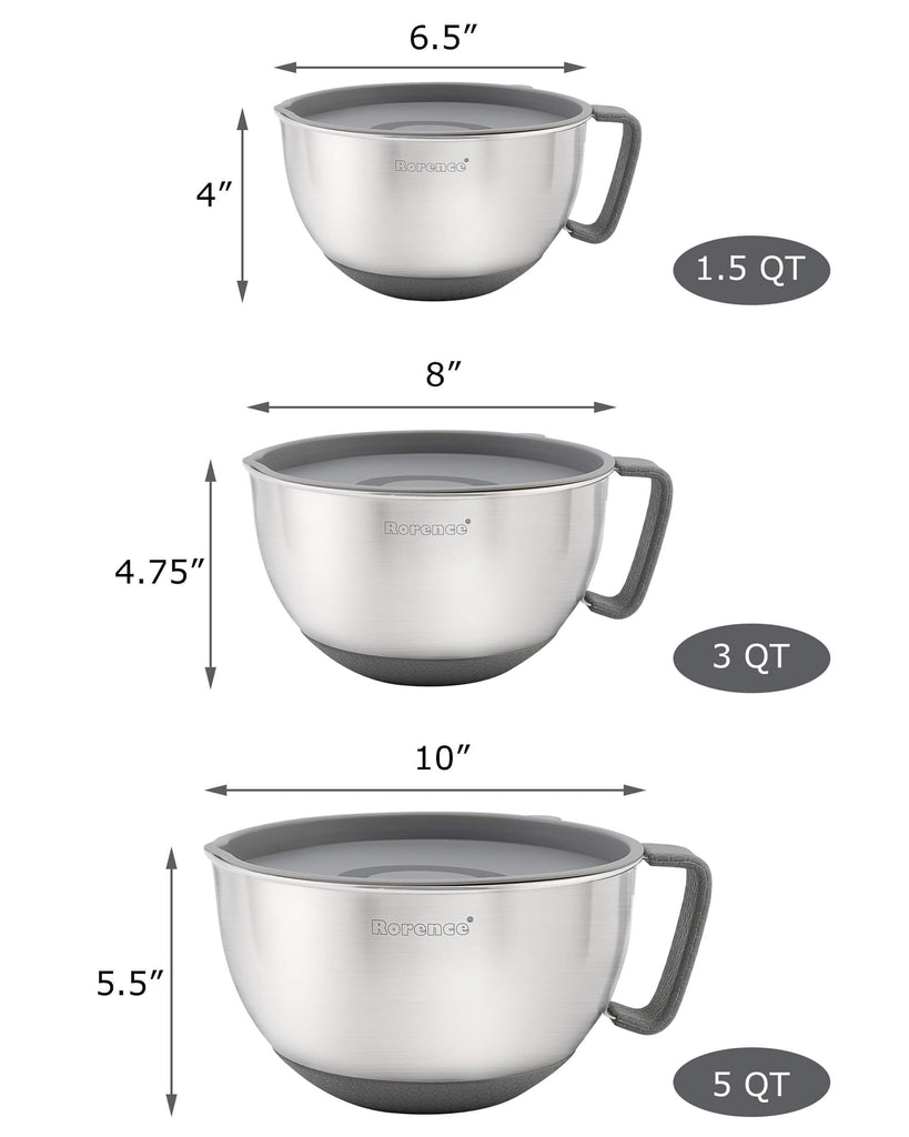 Stainless Steel Mixing Bowls Set with Lids,1.5,3 & 5 Qt,Gray