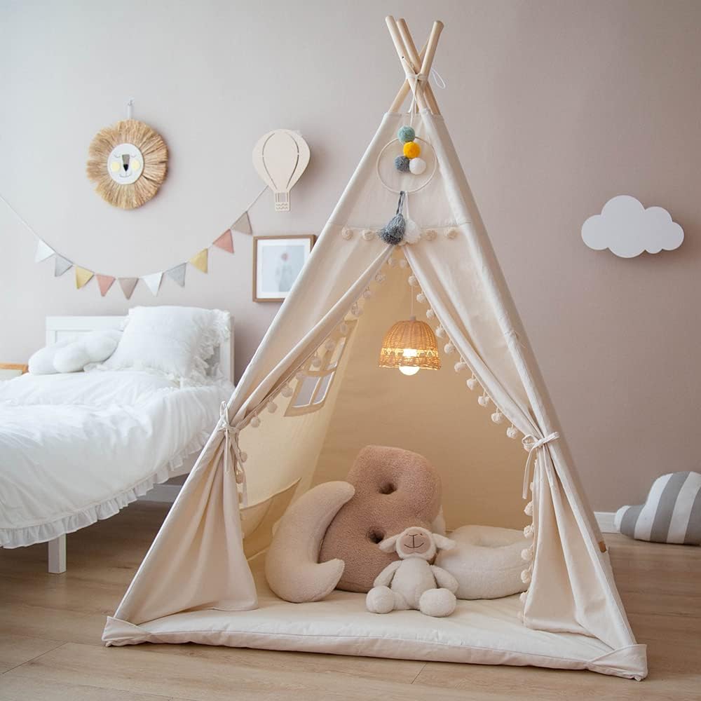 Teepee Tent for Kids with Padded Mat Foldable Tone Play Tents for Girl and Boy Canvas Tepee Playhouse for Child