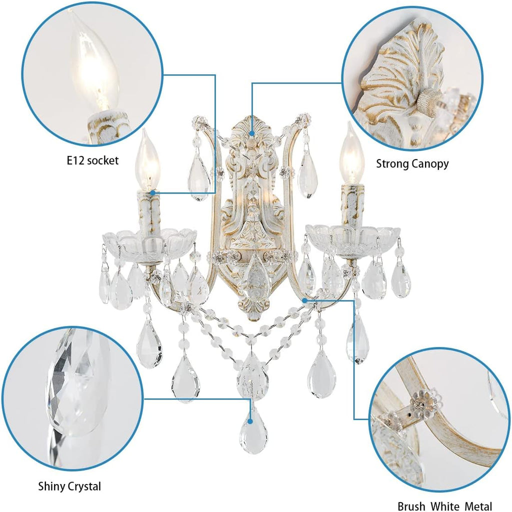 French Country Crystal Wall Sconce, 2-Light Distressed White Gold Candle Style with Teardrop Crystals, Hardwired