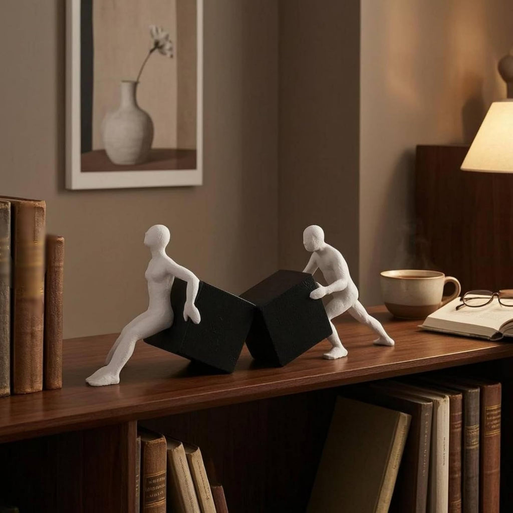 Abstract Figure Bookend Modern Sculptural Resin White Textured Finish Highlighting Carved Shape for Bookcases