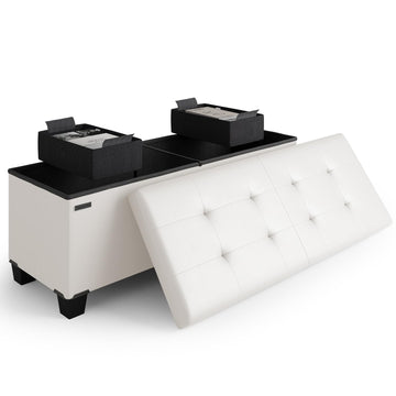 Storage Ottoman Bench with Bins, 43-in Storage Bench End of Bed, Folding Foot Rest Ottoman Max 660lbs, Faux Leather