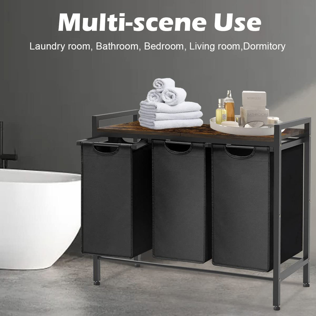 Large Laundry Hamper Sorter with 3 Removable & Pull-Out Sorting Bags, Wooden Top Shelf, Versatile Laundry Basket