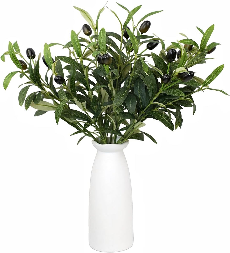 Artificial Plant Olive Branch in Vase, Faux Greenery Stems with Ceramic Vase, 16.9" Tall Olive Branches Fake - Set of 5