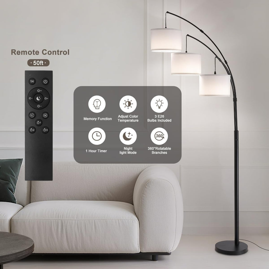 Floor lamp with Remote, 3 Light Arc Floor Lamps, 2400LM Tall Standing Floor Lamps with White Shades