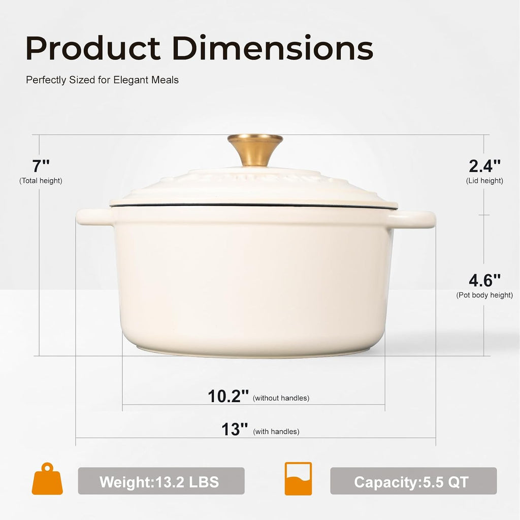 5.5QT Enameled Cast Iron Dutch Oven for Sourdough Bread, Slow Cooking & Home Meals, Beginner-Friendly Pot for Artisan