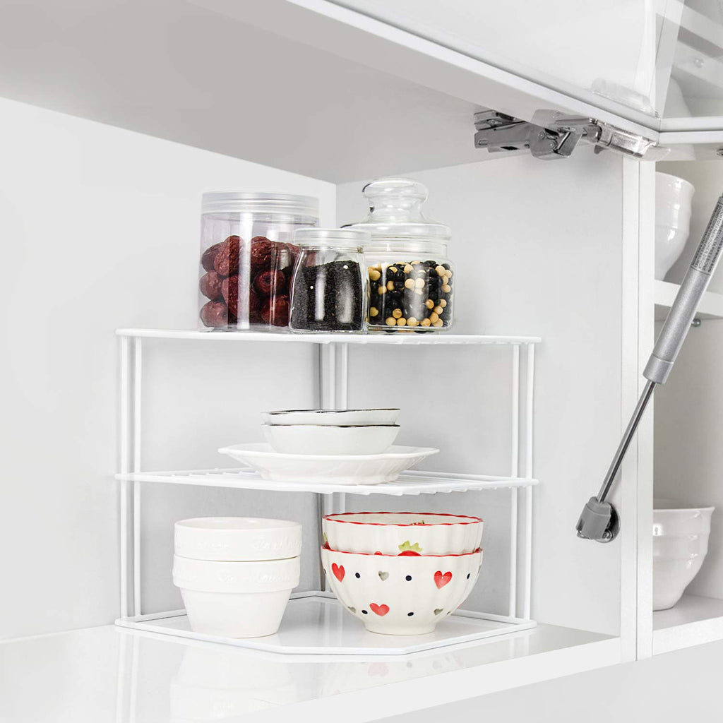 Kitchen Cupboard Organiser, 3 Tier White Corner Plate Rack Cupboard Storage - Cupboard Shelf Insert Organiser (Pack