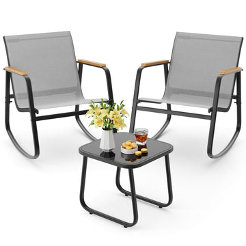 3 Piece Patio Bistro Set, Textilene Rocking Chairs for Porch, Gray