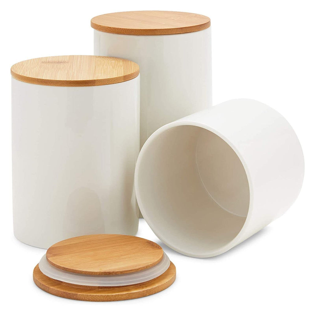 White Ceramic Canisters - Coffee Canisters with Airtight Wood Lids - Countertop Coffee Tea Sugar Container Set