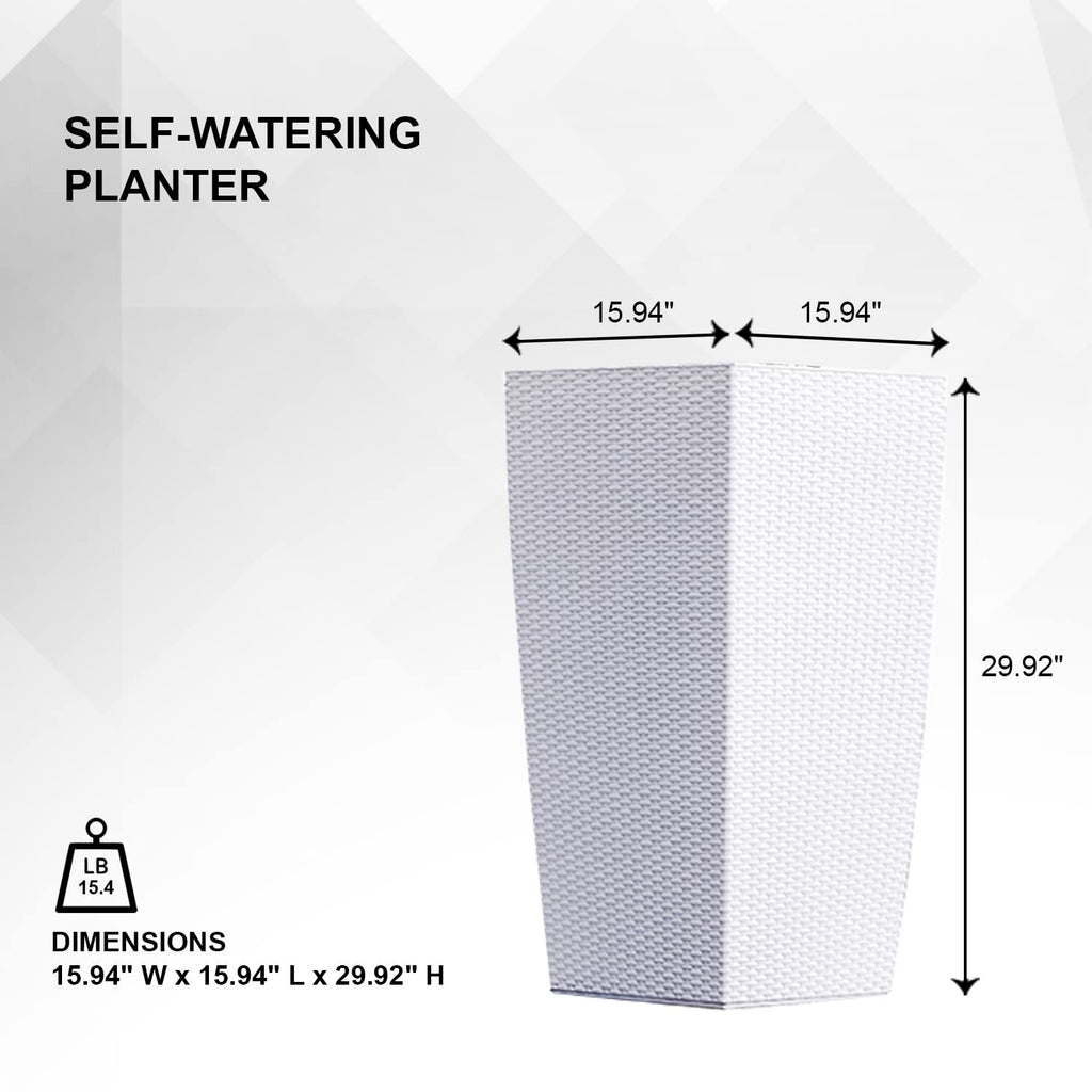 30" H White Rattan Self Watering Indoor Outdoor Square Planter Pot, Tall Decorative Gardening Pot, Home Décor Accent