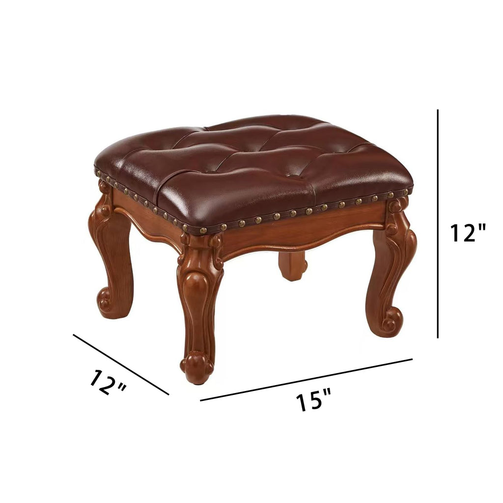 Solid Wood Footstool with Microfiber Leather Seat (Retro Brown)