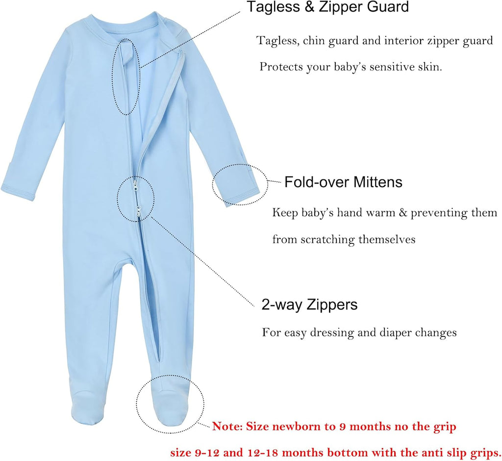Footie Pajamas Cotton with Mitten Cuffs, Double Zipper