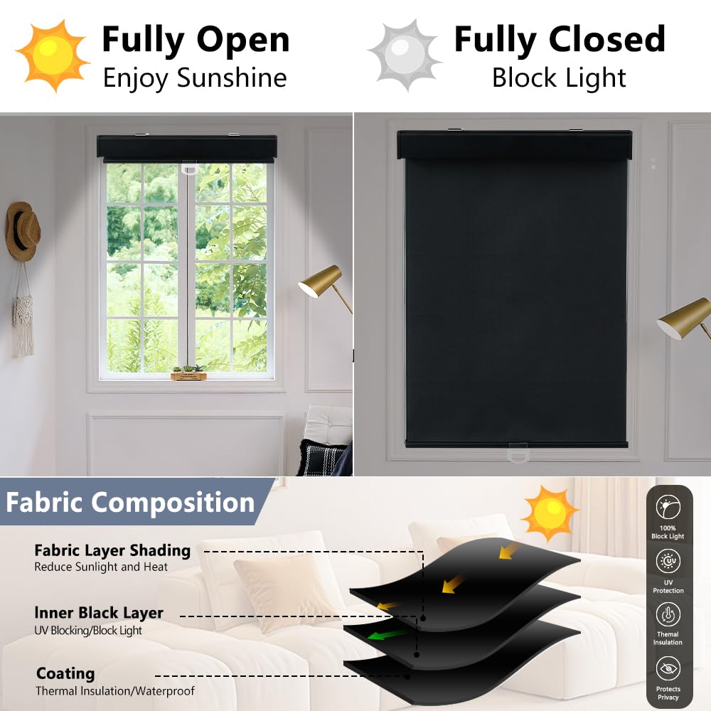 Blackout Cordless Roller Window Shades, Black